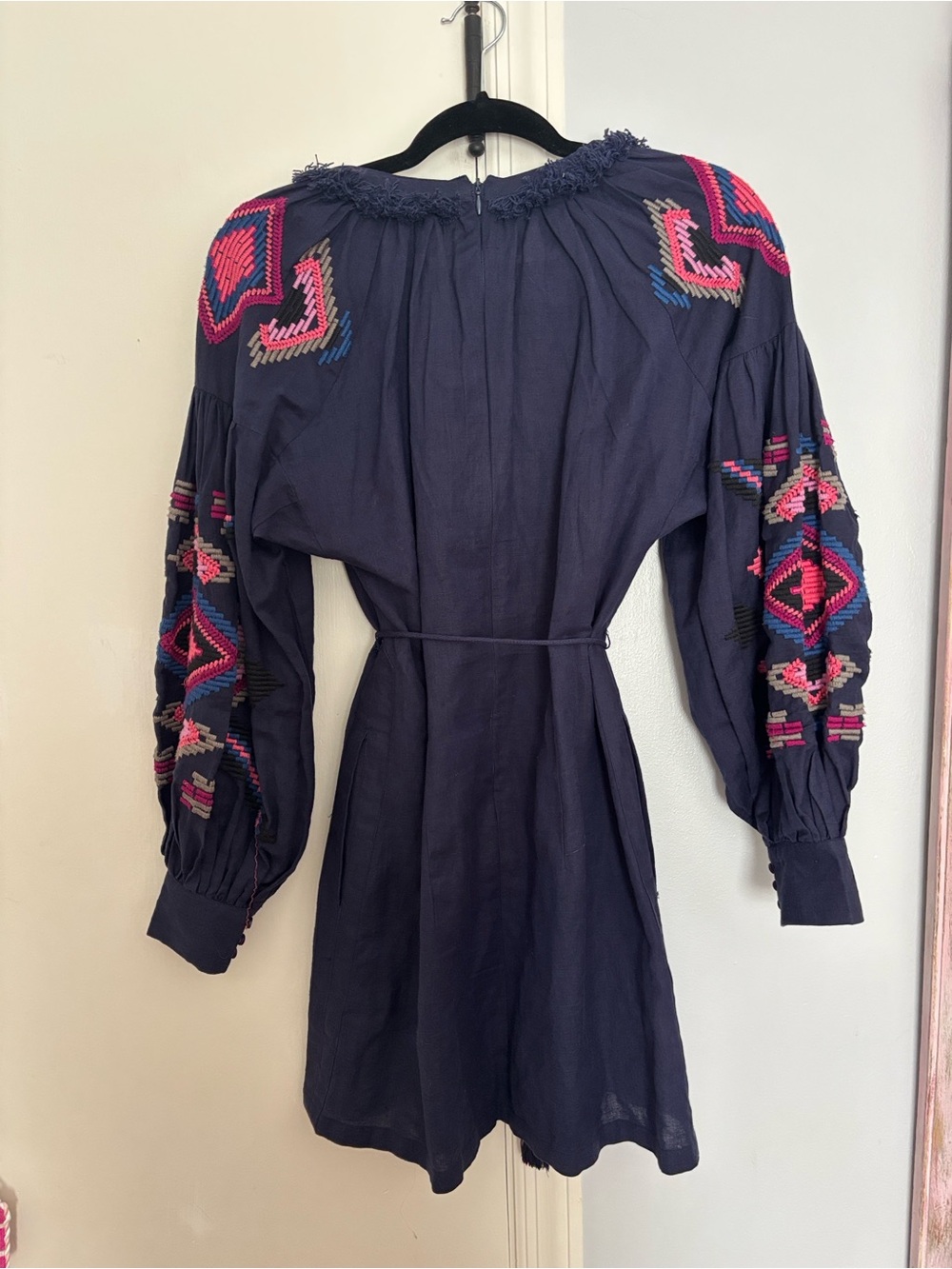 French Connection Navy Mini Dress with Pink & Blue Embroidery